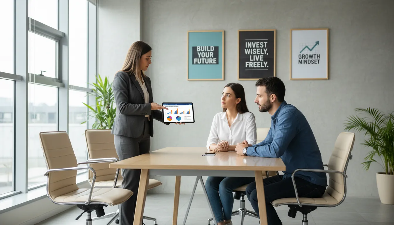 Consultor apresenta alternativas de crédito para um casal em um escritório moderno.