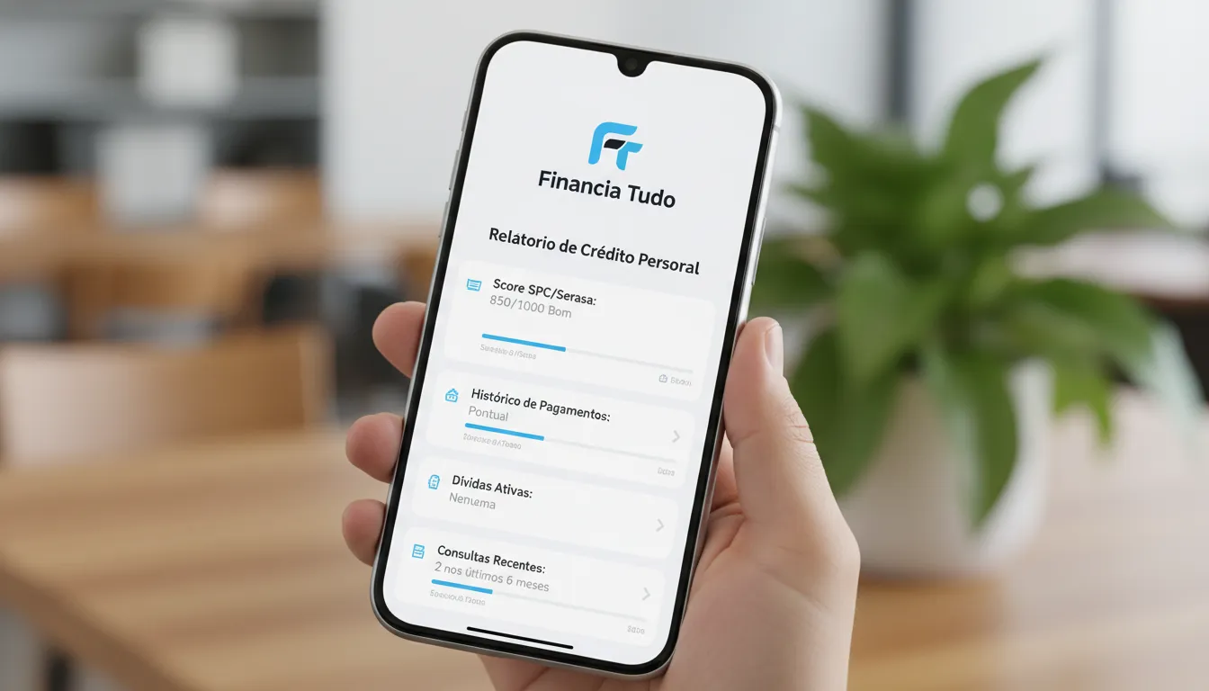 Visualização detalhada de um relatório de crédito em um smartphone, com o logo da Financia Tudo, representando a consulta de score gratuita e informações acessíveis.