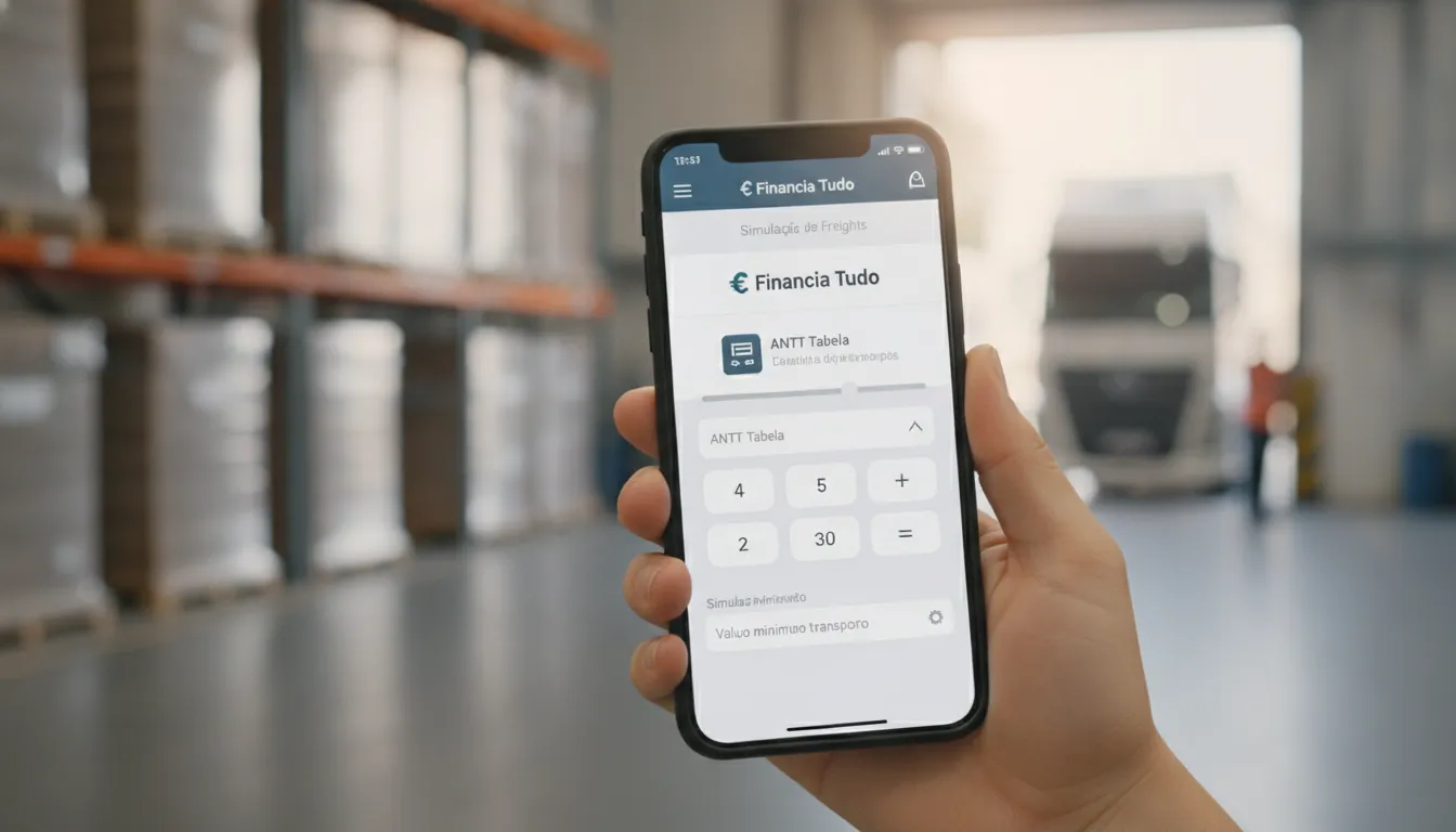 Mão usando aplicativo Financia Tudo no smartphone para calcular tabela de frete ANTT e valor mínimo.