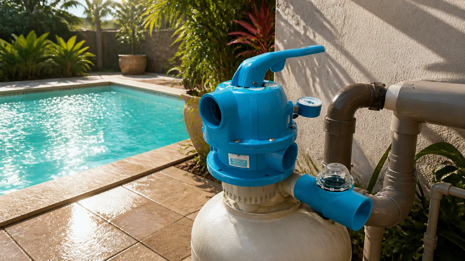 Equipamento com válvula seletora filtro piscina ao lado de piscina residencial cristalina.