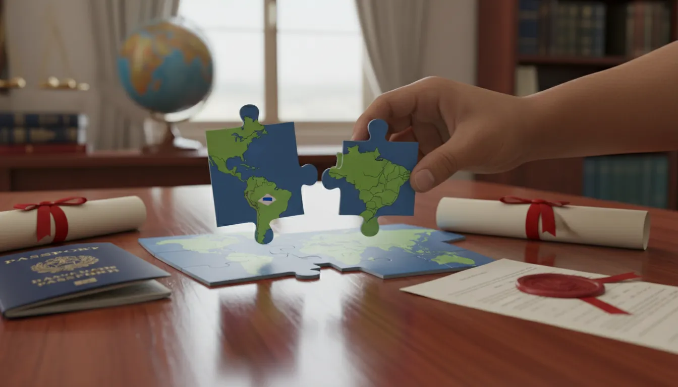 Mãos unindo peças de quebra-cabeça de países, simbolizando a resolução jurídica para morar fora do Brasil.