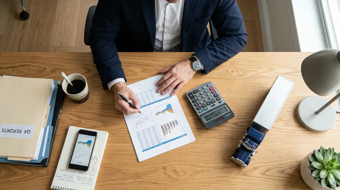 Planejamento financeiro analisando custos de caminhão próprio ou financiado sobre mesa de escritório.