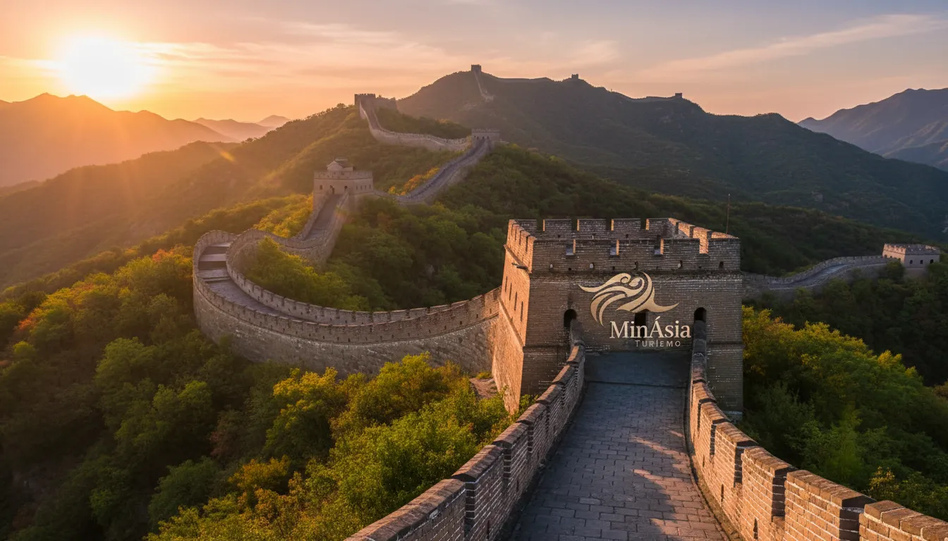 Vista pitoresca da seção de Mutianyu da muralha da china ao pôr do sol, com luz dourada criando sombras longas. Logo da MinÁsia incorporado.