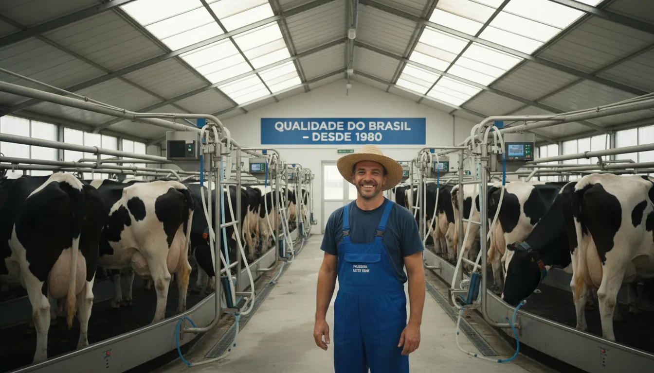 Produtor de leite sorri em sala de ordenha moderna com vacas e tecnologia avançada.