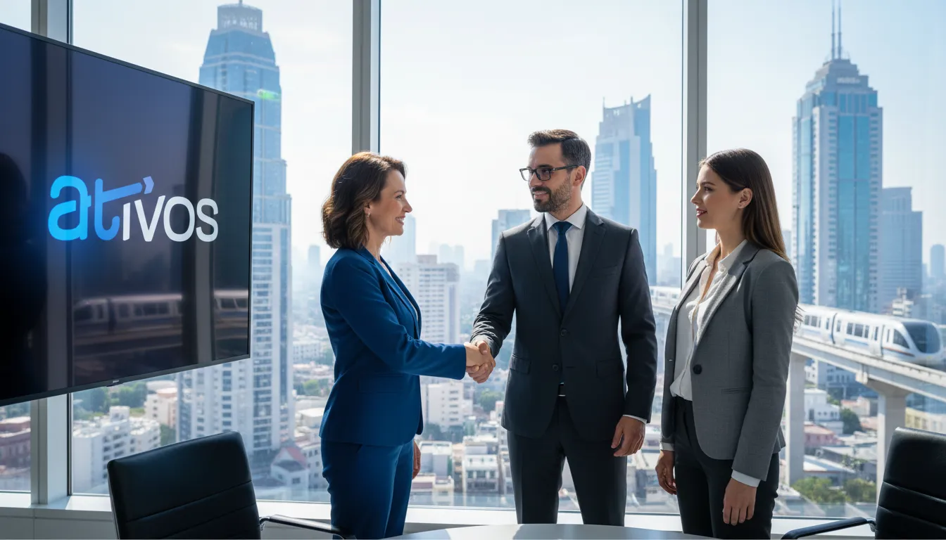 Aperto de mãos entre credor, broker e advogado, simbolizando o sucesso na cessão de crédito facilitada pela plataforma Ativos.