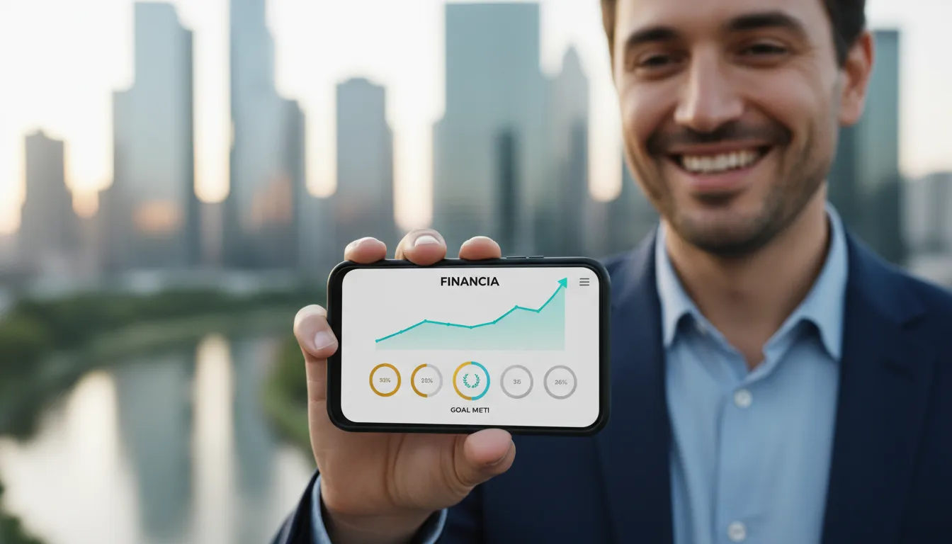Pessoa sorrindo enquanto usa aplicativo para monitorar o progresso de suas metas financeiras, com a Financia Tudo no visor do celular.