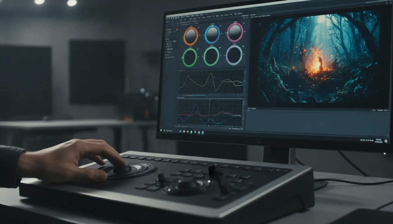 Mão ajustando painel de cores no DaVinci Resolve, aprimorando cena cinematográfica com ferramentas profissionais.