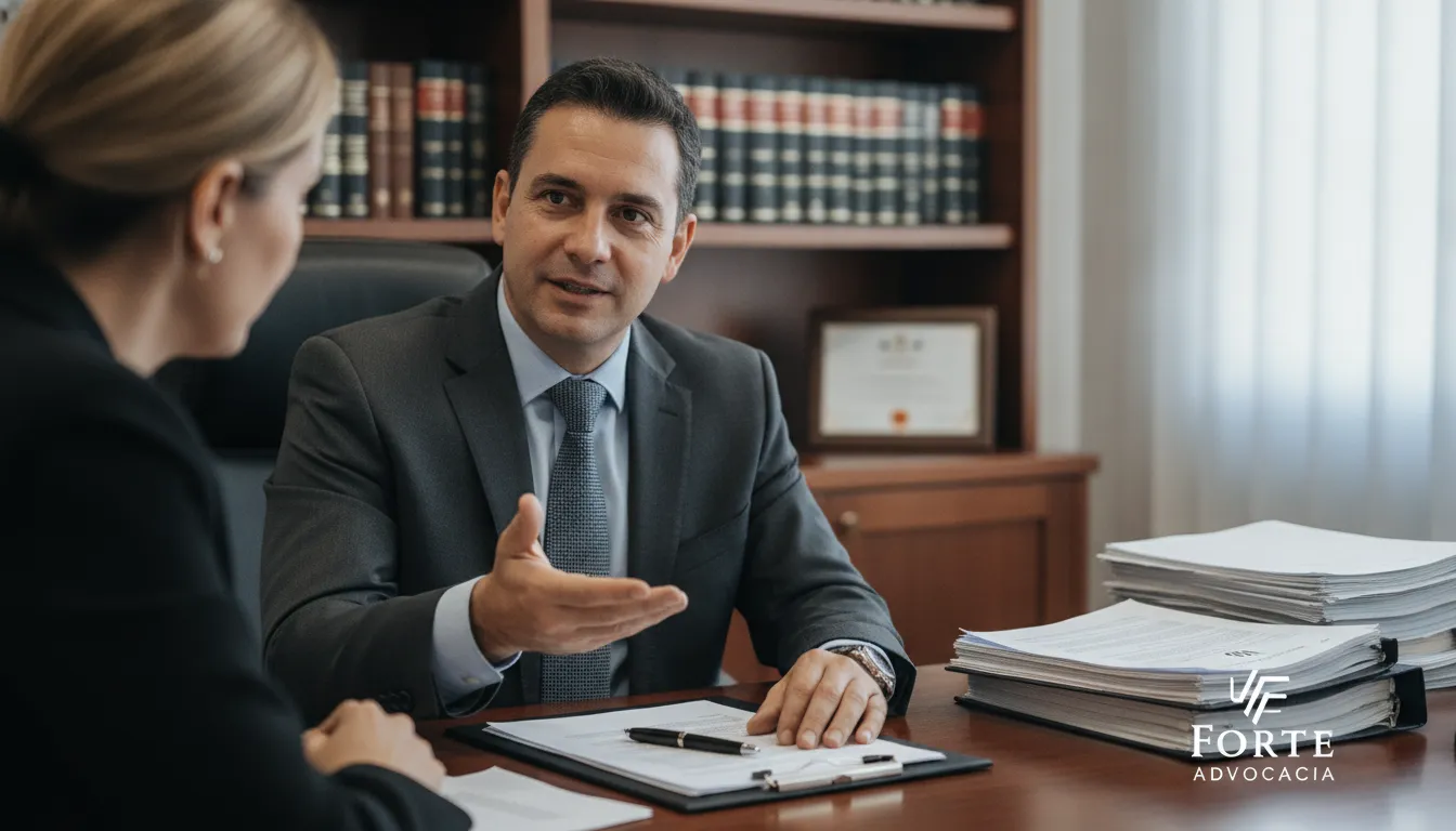 Advogado explica direitos trabalhistas a cliente, detalhando como banco de horas funciona e pagamento.