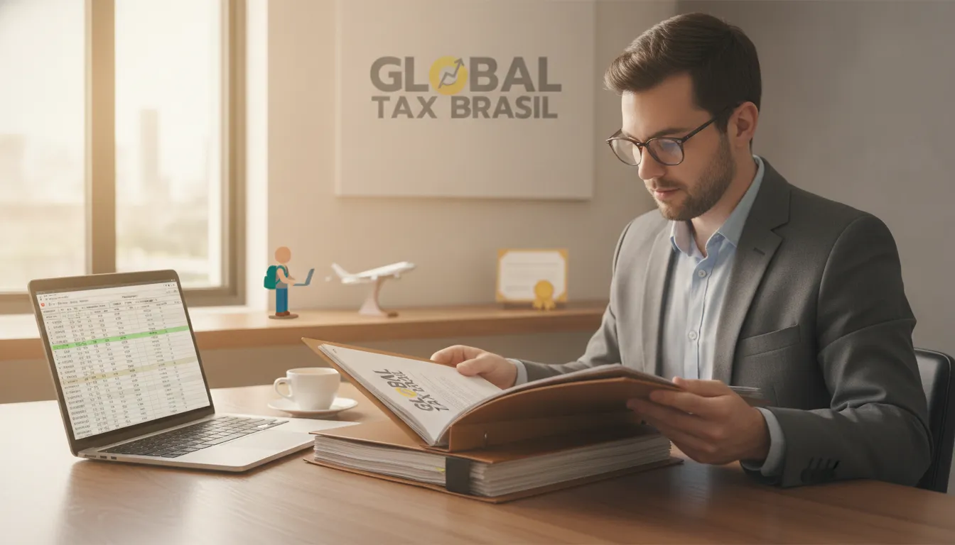 Consultor tributário revisa documentos de IRRF não residente e casos especiais, com símbolos de investimento internacional.