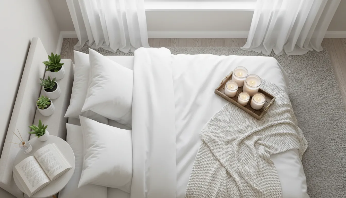 Quarto relaxante com velas aromáticas, plantas e ambiente calmo.