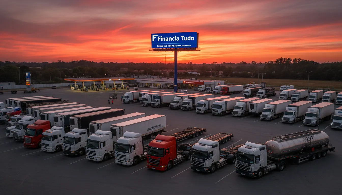 Vários caminhões em um estacionamento com o logo da Financia Tudo, indicando as diversas opções de empréstimo com caminhão em garantia disponíveis.