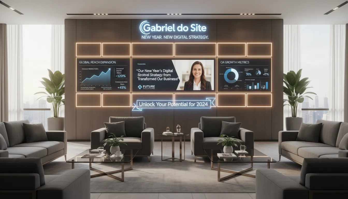 Site para Ano Novo: Como Posicionar Sua Marca na Virada 3 Lounge de negócios moderno exibindo casos de sucesso e estratégia digital renovada com Gabriel do Site.