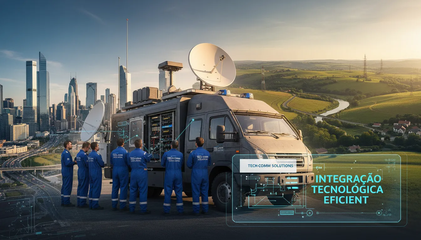 Técnicos realizando manutenção de antenas de comunicação em veículo de frota mista