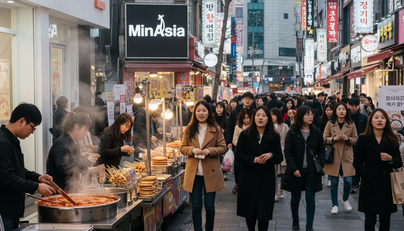Rua movimentada em Myeongdong, Seul Coreia do Sul, com pessoas comprando e comendo comidas de rua.