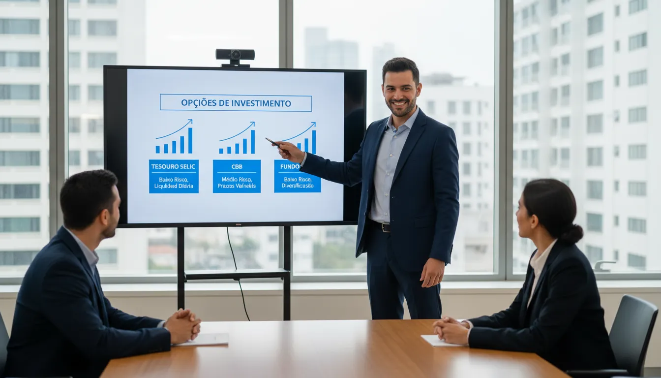 Especialista apresenta investimentos ideais para fundo de emergência usando gráficos em ambiente corporativo.