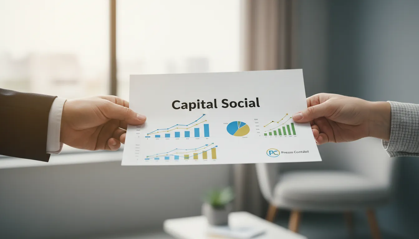 Um aperto de mãos selando um acordo comercial. O documento contém gráficos de crescimento financeiro. Prezzo Contábil te ajuda a entender o que é capital social e a impulsionar seu negócio.