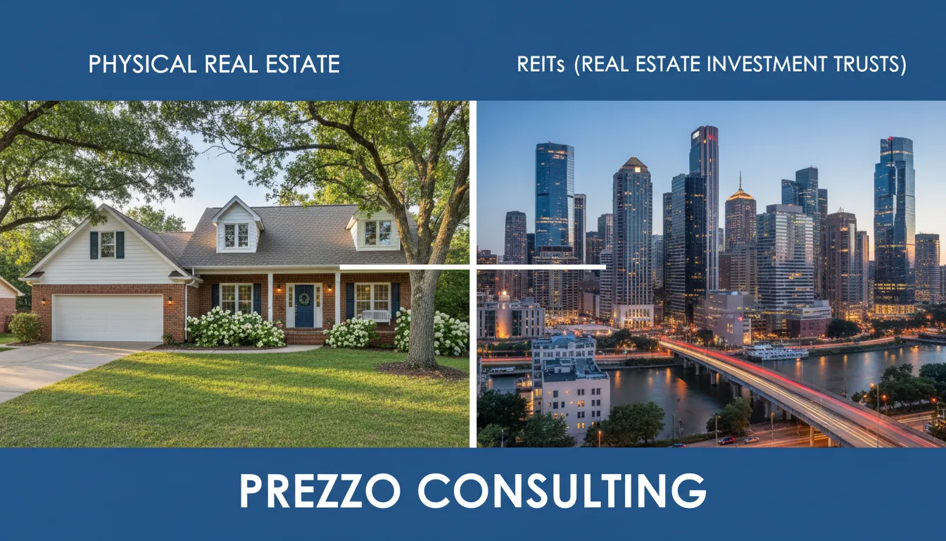 Comparativo visual entre investir em imóveis físicos e reits, opções para brasileiros gerarem renda passiva na América.