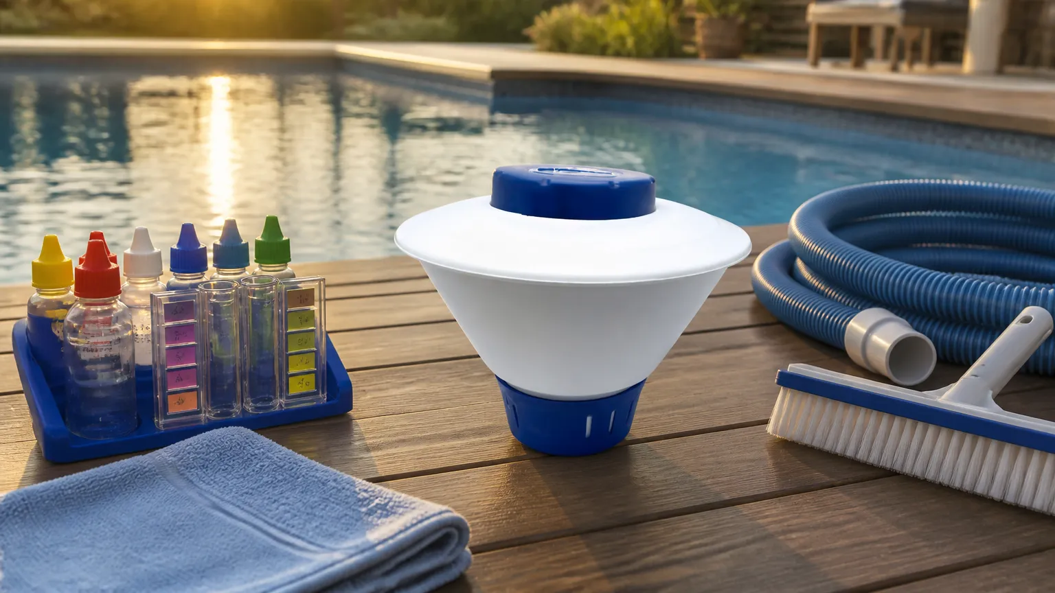 Cuidados com a água usando clorador flutuante e kit de teste perto da piscina.