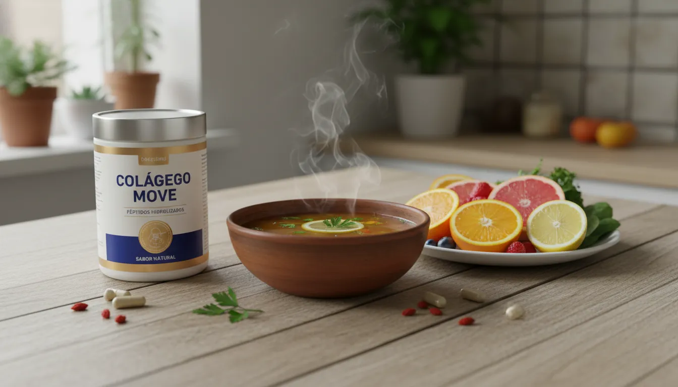 Composição de nature morte vibrante com fontes de colágeno hidrolisado, incluindo caldo de osso, frutas cítricas e peptídeos de colágeno em pó, dispostos em uma mesa de madeira.