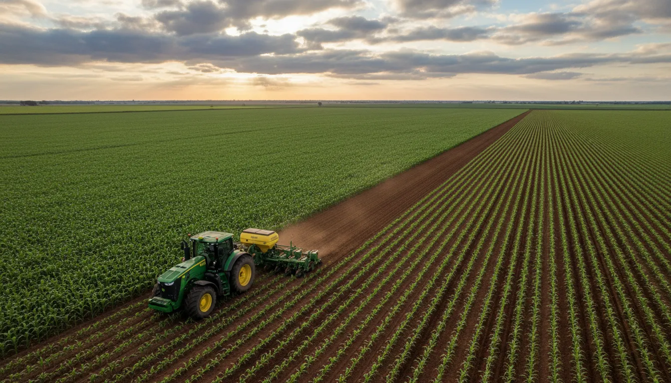 Vasto campo agrícola brasileiro com trator trabalhando, simbolizando o desafio produção nova safra e tecnologia.