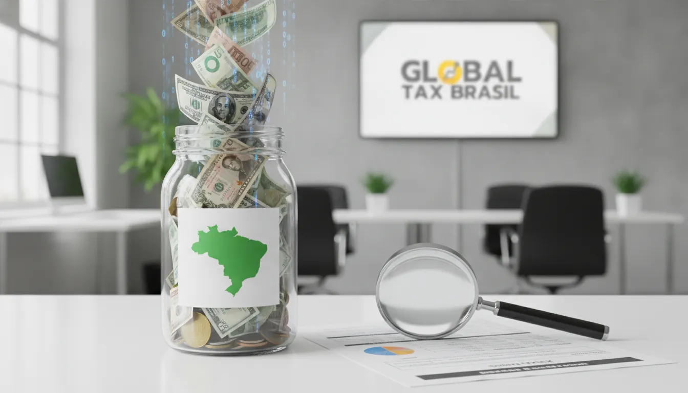 Potes de vidro rotulado 'Brasil' recebendo moedas, ilustrando a repatriação de bens Brasil e impostos.