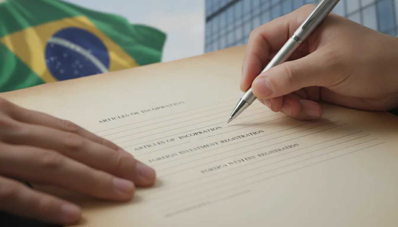 Hands signing legal documents for foreign investors to invest in Brazil, formalizing company incorporation.