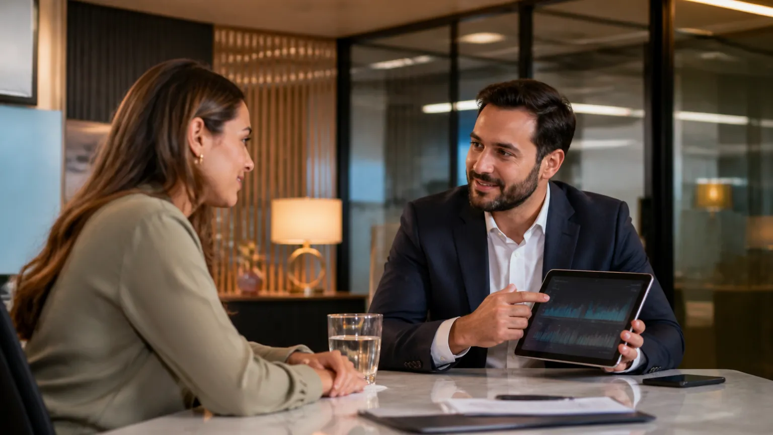 Consultor orientando sobre opções de empréstimo no cartão de crédito em atendimento personalizado.