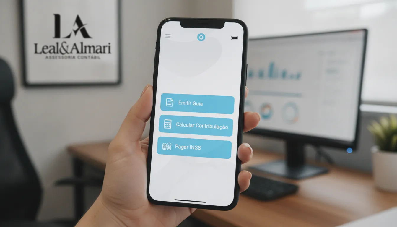 INSS autônomo como recolher digitalmente: mulher usando app para emitir guia de pagamento e evitar multas.