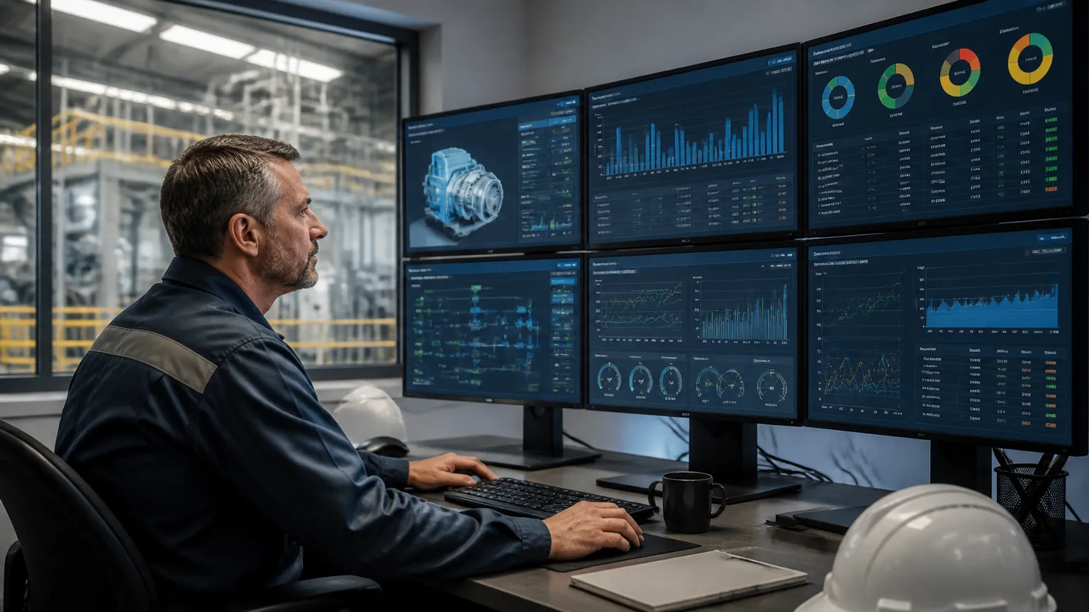 Gestor analisando indicadores em software de manutenção industrial na sala de controle.