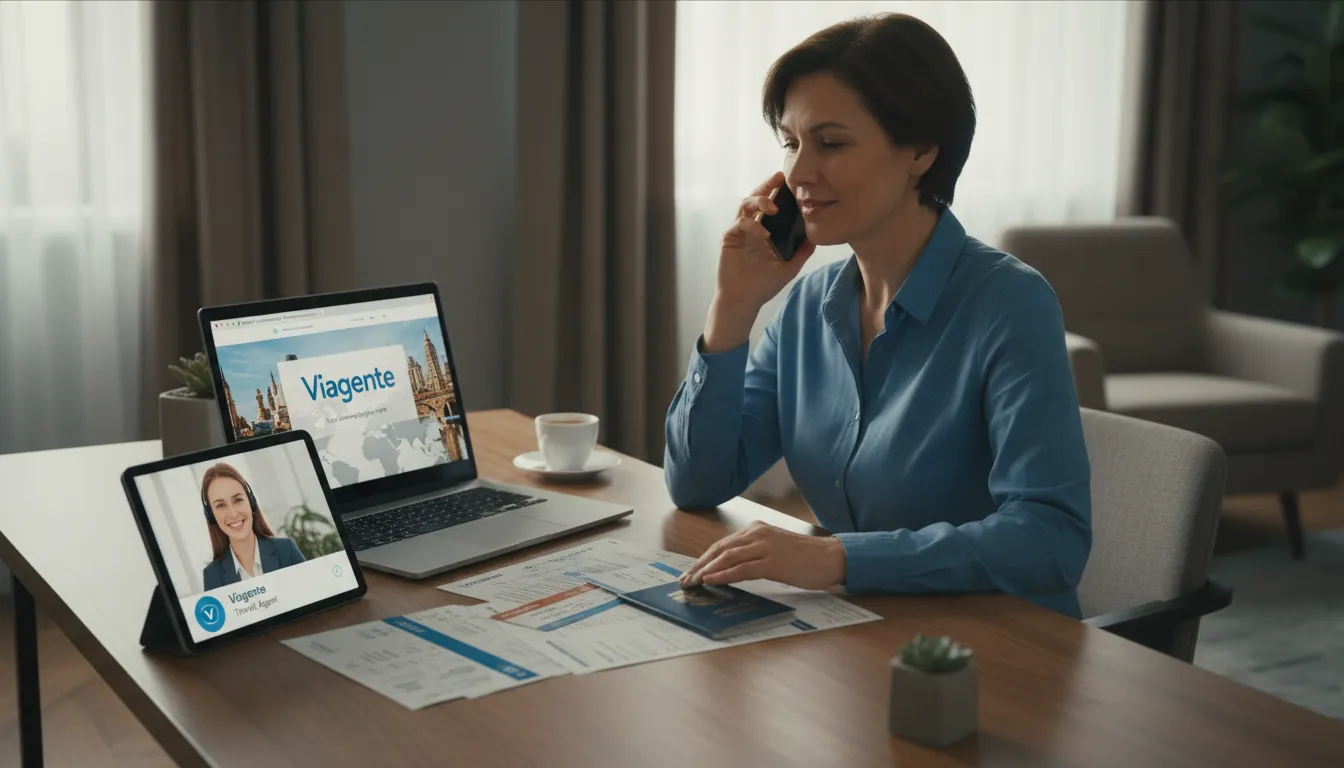 Pessoa falando ao telefone com um agente da Viagente, discutindo soluções para problemas de overbooking, com documentos de viagem à mesa.