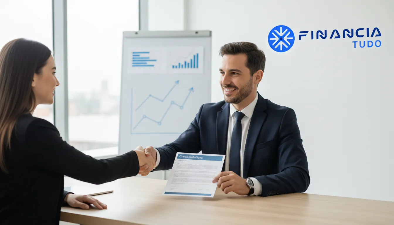 Aperto de mãos entre cliente e consultor financeiro, representando a facilidade de obter renda recorrente indicando crédito.