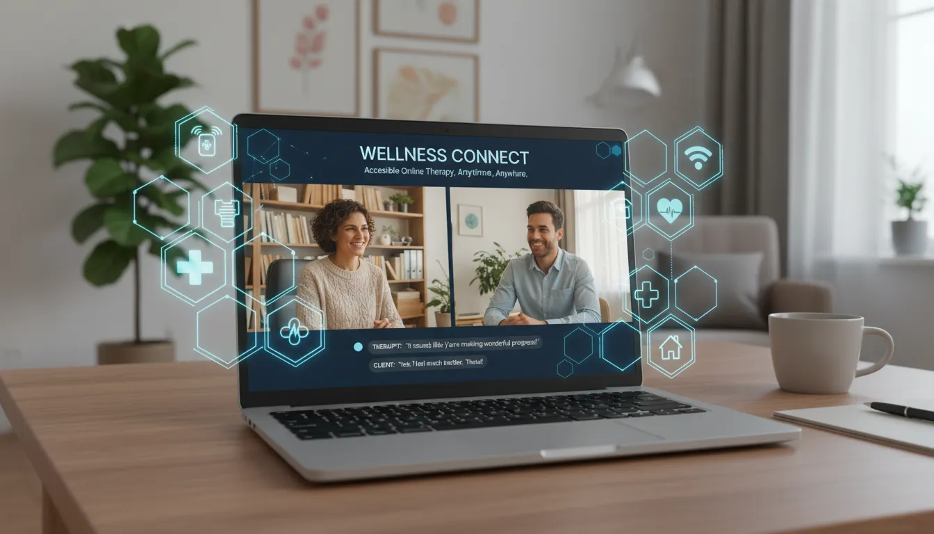 Sessão online de Thetahealing, mostrando terapeuta e cliente conectados virtualmente com empatia.