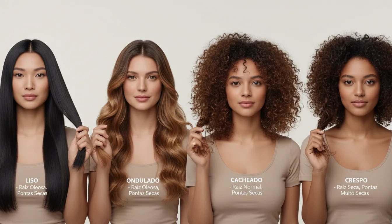 Modelos mostrando cabelos lisos, ondulados, cacheados e crespos, destacando raiz oleosa e pontas secas.