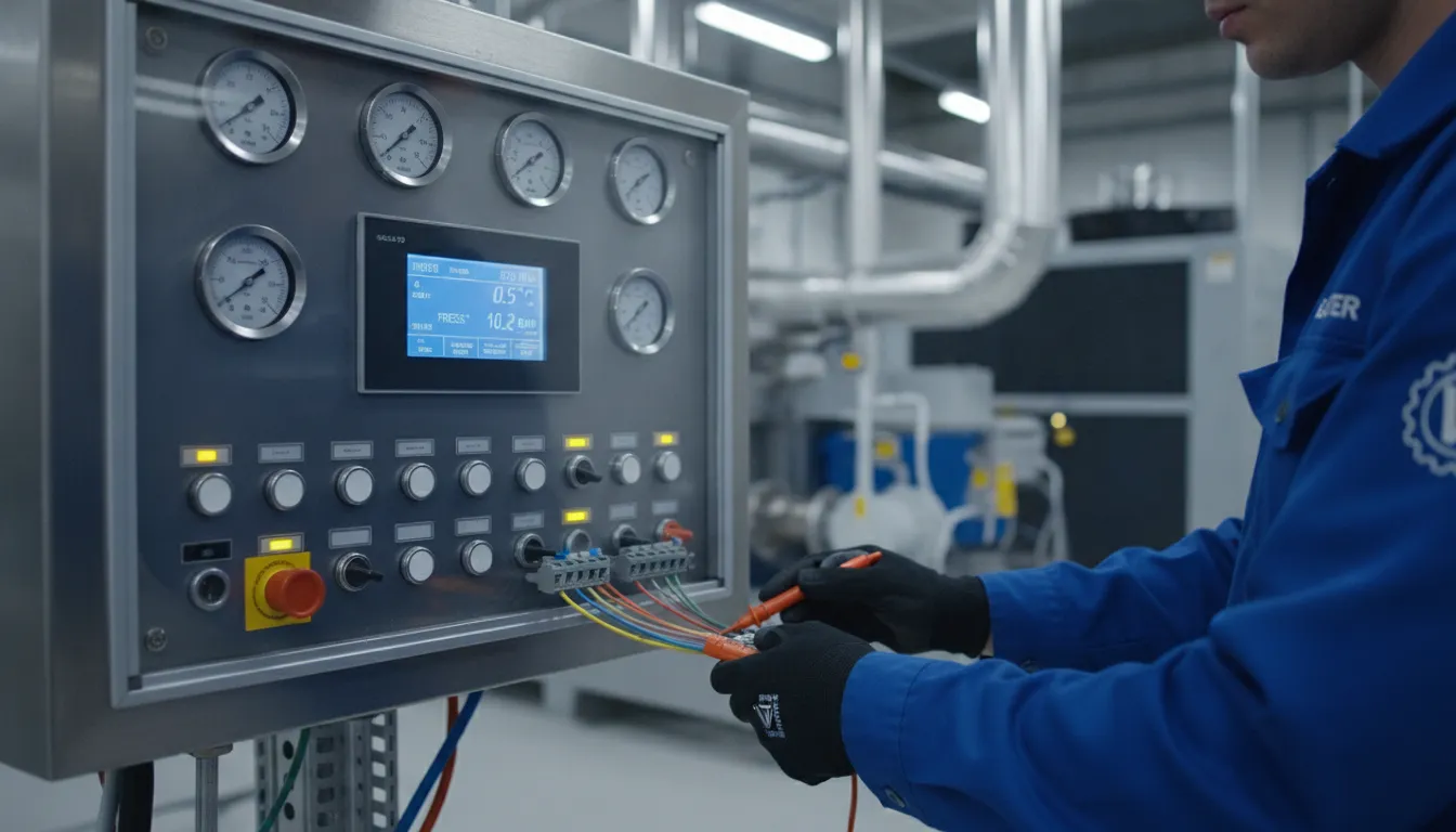 Engenheiro Veltter monitora painel de controle de refrigeração, garantindo conformidade com NR-36 em frigorífico.