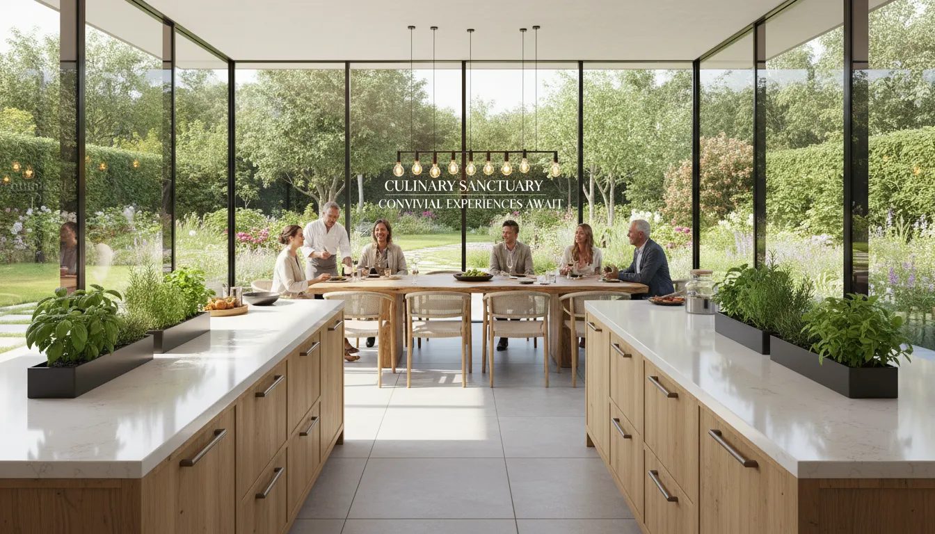 Área gourmet iluminada com bancada ampla e mesa comunitária, vista para o verde ao redor.