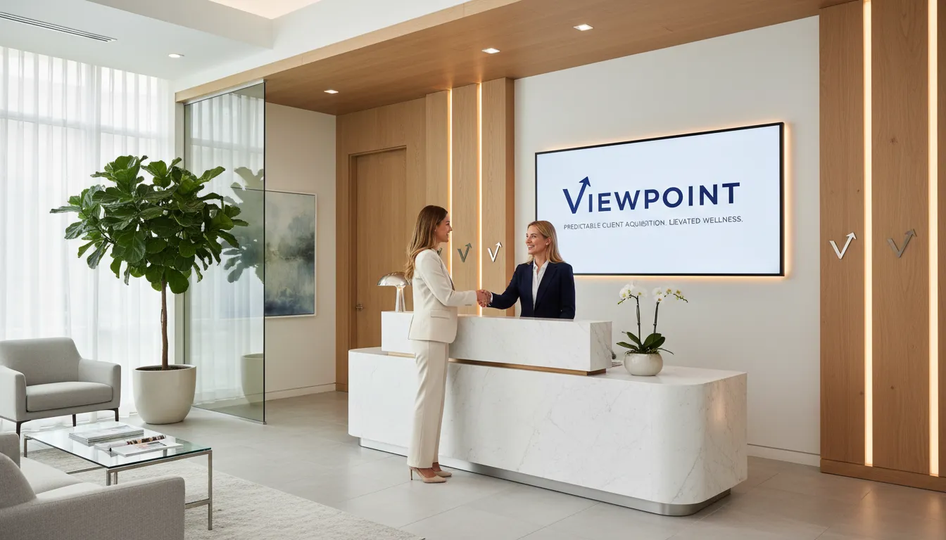 Recepção de clínica wellness com design premium, refletindo a gestao de leads focada em posicionamento de marca e aquisição de clientes de alto valor pela Viewpoint.