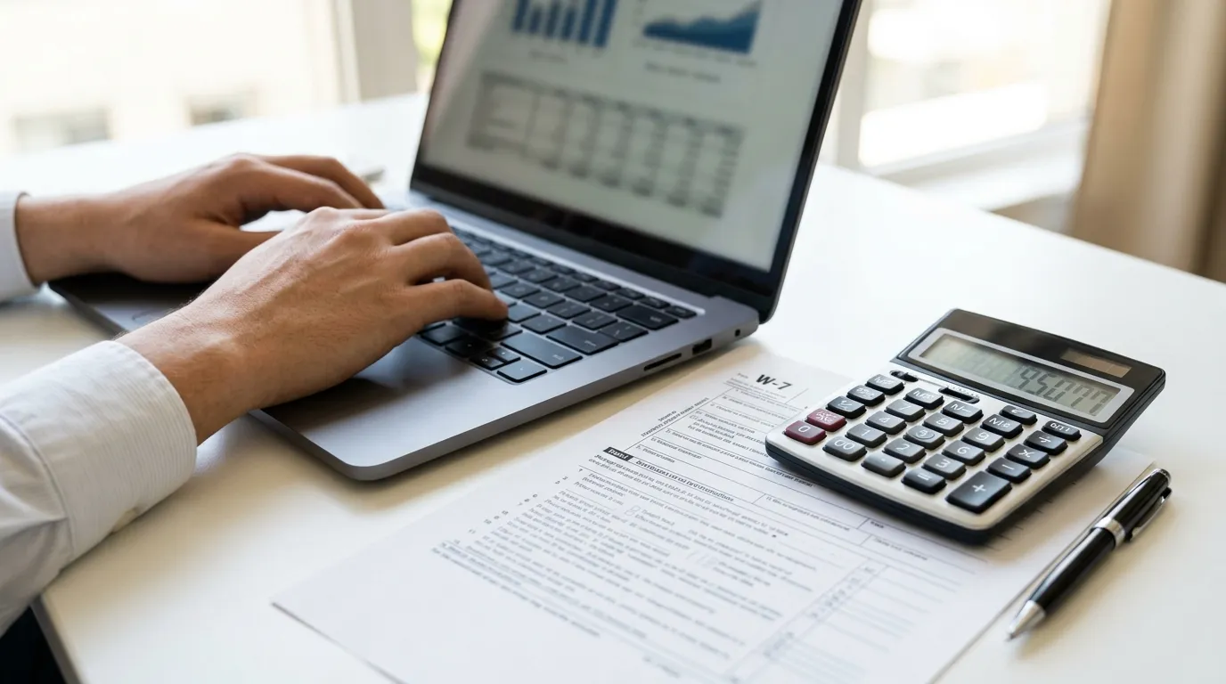 Formulário de solicitação do itin number preenchido sobre mesa de trabalho iluminada.