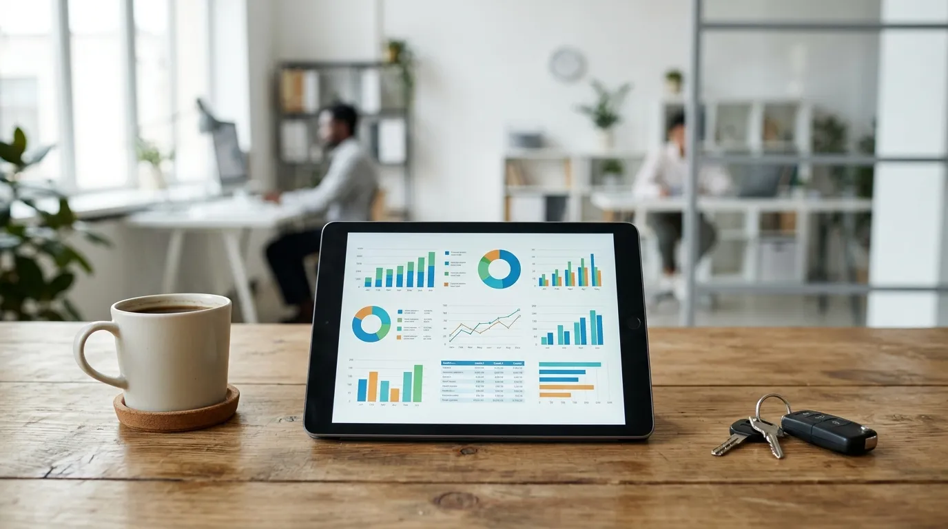 Planejamento para obter financiamento de van para transporte escolar com tablet e chaves sobre mesa de escritório.