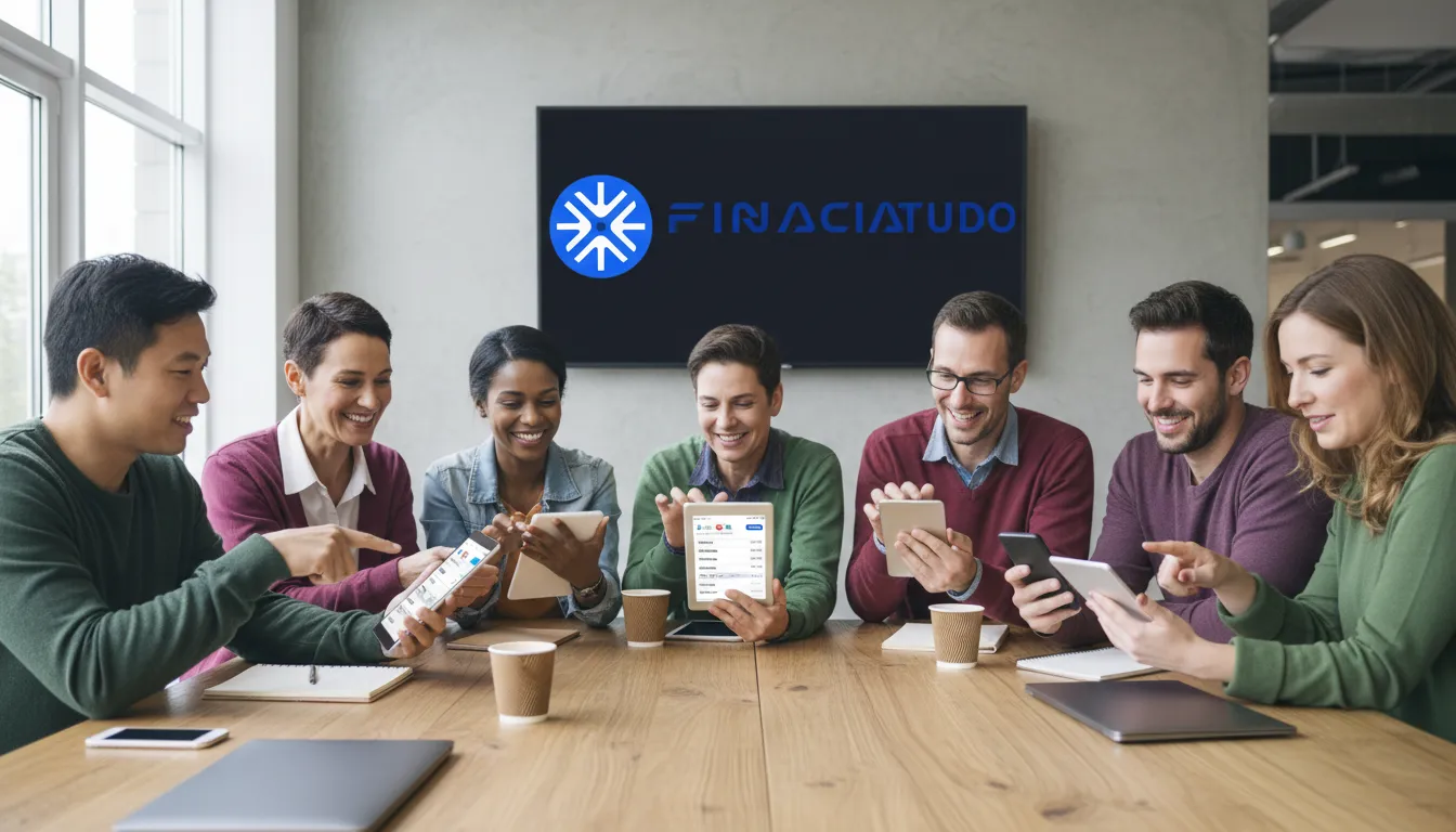 Grupo diverso compara ofertas de financiamento de veículos com menores juros usando aplicativo financeiro em dispositivos móveis.