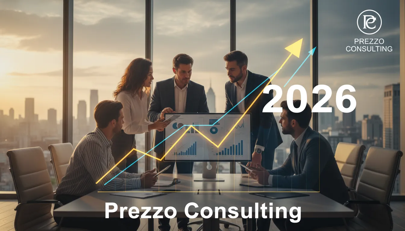 Gráfico ascendente representando o crescimento financeiro, ilustrando o suporte da Prezzo Consulting para franquias baratas com potencial em 2026.
