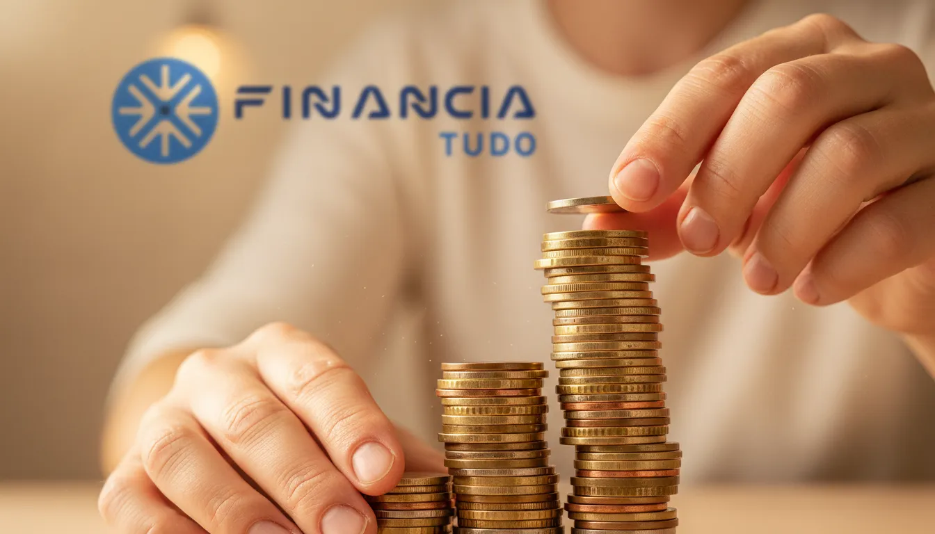 Mãos construindo uma torre de moedas, ilustrando o impacto das decisões financeiras no longo prazo para a construção de um futuro financeiro sólido.