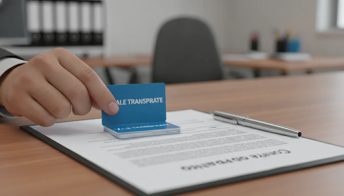 Mão de empregador depositando cartões de vale transporte sobre contrato de trabalho, simbolizando benefício obrigatório.