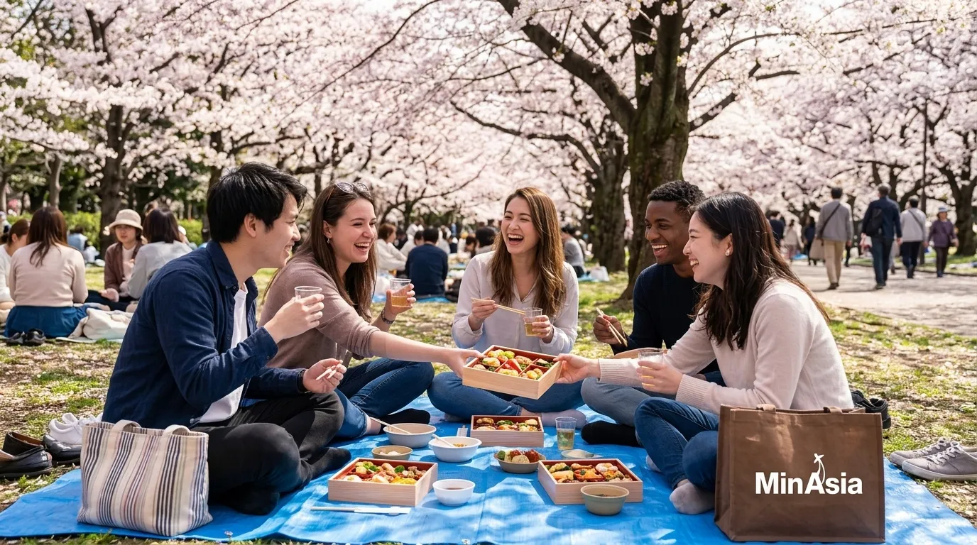 Piquenique hanami sob cerejeiras no Japão durante a temporada de primavera.