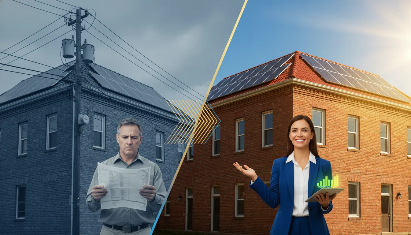 Comparativo visual: antes e depois da energia solar comércio, com empresário feliz e economia de custos visível.