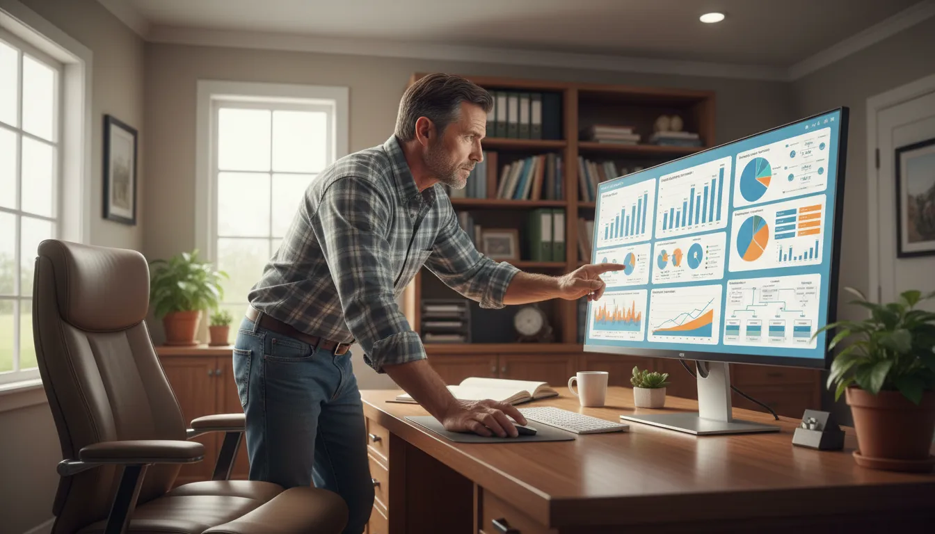 Foto de um escritório de fazenda organizado com um agricultor analisando dados no computador, demonstrando a intensificação da pecuária através do uso de tecnologia e análise de dados.