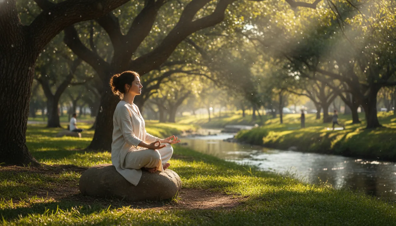 Pessoa meditando em parque, praticando mindfulness como terapia para ansiedade. Conexão com a natureza e bem-estar emocional.