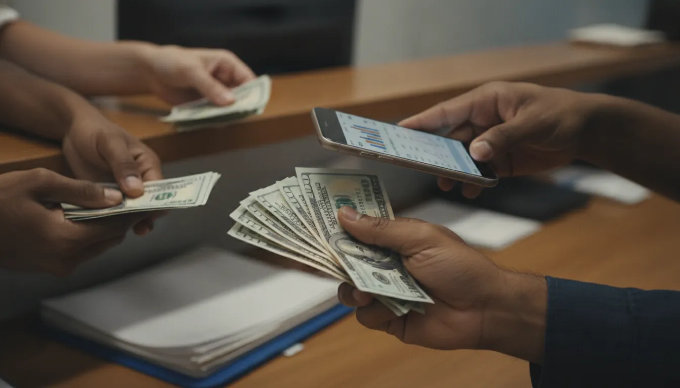 Como é morar nos EUA: mãos segurando dólares, cartão crédito, celular com app finanças.