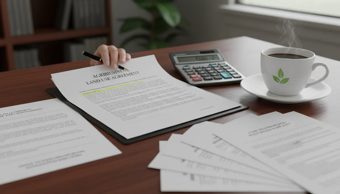 Revisão de contratos agrícolas com orientação jurídica, simbolizando segurança para empresas rurais.