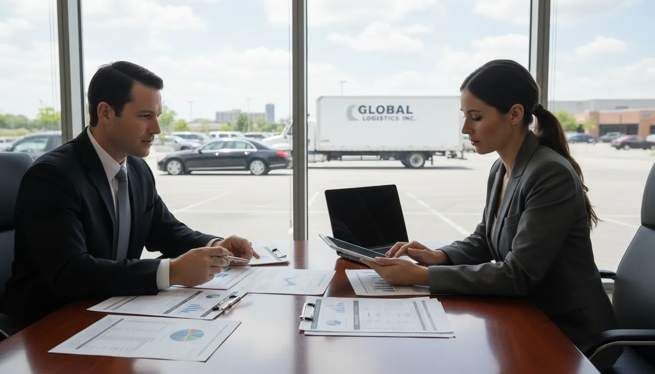 Gestor e consultor analisando documentação com veículos ao fundo, simbolizando garantia para crédito empresarial.