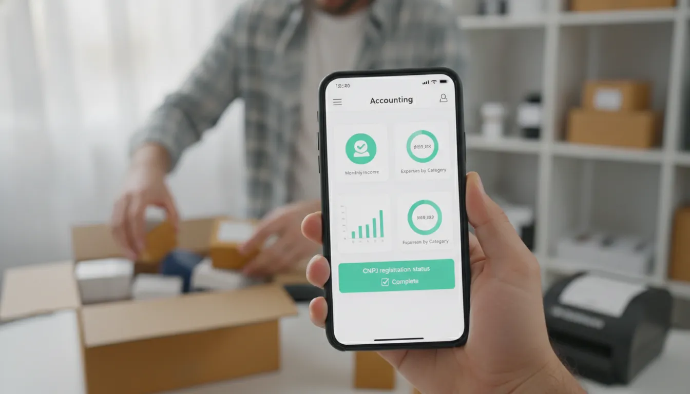Mão segura smartphone com app contábil mostrando CNPJ, enquanto produtos são embalados para e-commerce.